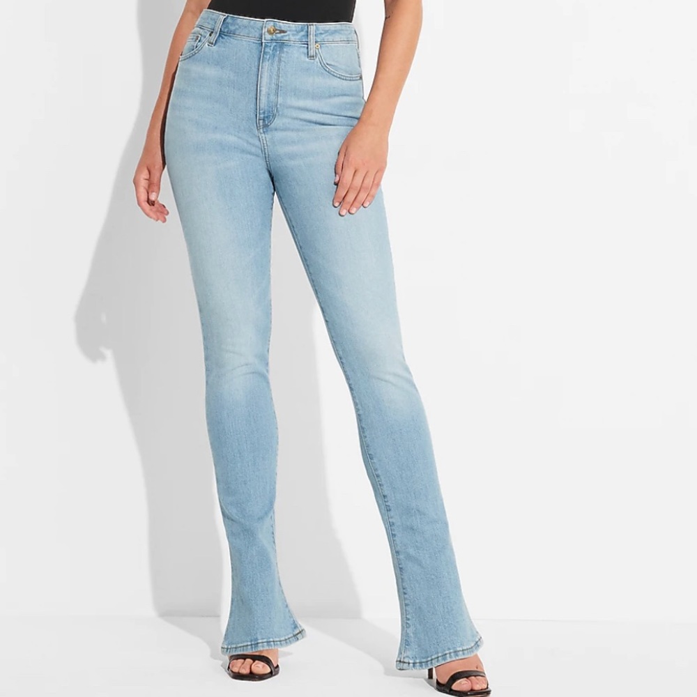 Express x Simon Spurr Super High Waisted Light Wash Elongated Slim Jeans size 19